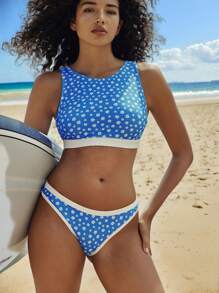 SHEIN Swim SPRTY 2pcs Women's Standard Size Ditsy Floral Sleeveless Bikini Set, Cute Summer Beach Vacation Festival Boho