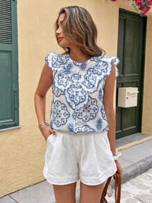 Serisse 女士度假蓝白撞色刺绣面料浪漫优雅荷叶边飞袖无袖仿珍珠纽扣上衣度假上衣女士夏季服装度假服装女士春季服装外出服装度假装