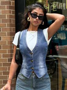 Forever 21 女士无袖牛仔背心夹克 - 藍色 - 查看 4