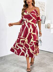 SHEIN Clasi Plus Size Women's Elegant Open Shoulder Vacation Dress - Red - View 1