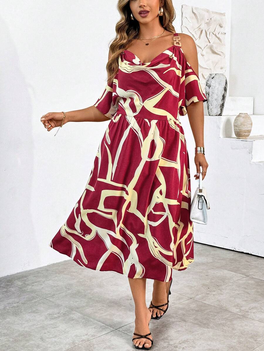 SHEIN Clasi Plus Size Women's Elegant Open Shoulder Vacation Dress - Red - View 1