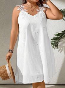 SHEIN LUNE Plus Size Women's Spring/Summer V-Neck Floral Lace Splicing Sleeveless Straight A-Line Dress, Elegant Resort/Casual Daily Wear, Fashionable And Versatile Loose Fit