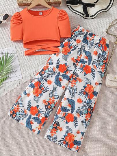 Set de 2 piezas de top con mangas abullonadas y recortes con pantalón largo de estampado tropical para niñas preadolescentes