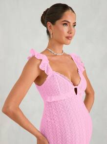 MaterniChic Maternity Sexy Crochet Textured Off-Shoulder Dress With Hollow Back And Elegant Hemline, Suitable For Party, Wedding, Formal Occasions