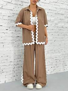 SHEIN EZwear 2pcs/Set Contrast Color Wave Trim Shirt & Pants,Old Money Simple Commute Minimalist Office Old Money Simple