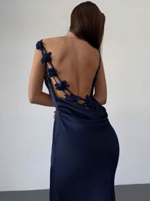 Aloruh Vestido elegante de mujer con escote drapeado, decoración floral 3D y espalda descubierta