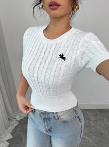 Chiquease Women Elegant Embroidered Pattern Crew Neck Fitted Short Sleeve Knit Top