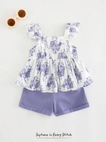 Cozy Pixies Baby Girl 2pcs/Set Floral Print Halter Ruffle Top And Elastic Waist Shorts Set