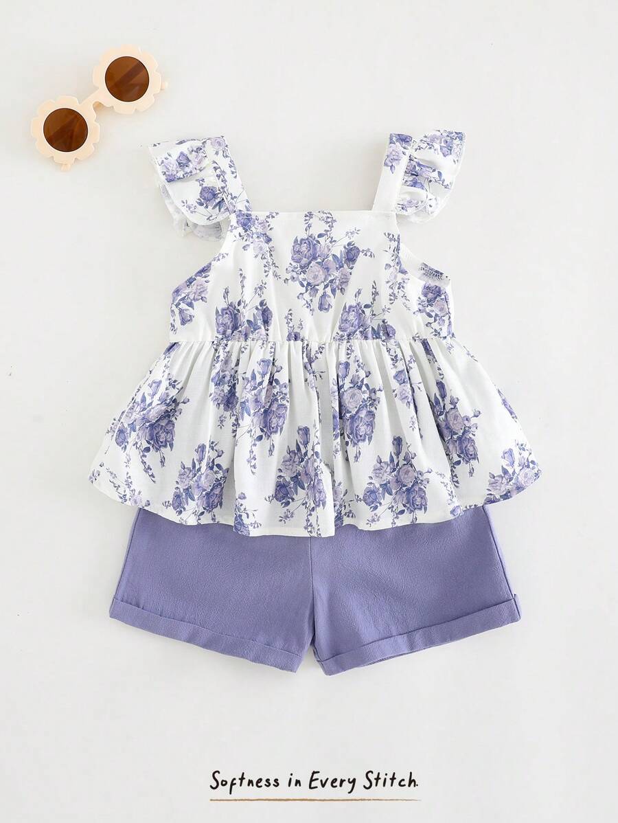 Cozy Pixies Baby Girl 2pcs/Set Floral Print Halter Ruffle Top And Elastic Waist Shorts Set