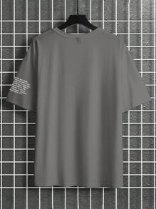 Manfinity Homme 2025 Spring & Summer New Plus Size Men's Round Neck Short Sleeve T-Shirt, Minimalist Casual Comfortable Premium Light Gray/White Letter Print Versatile