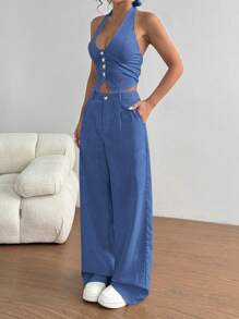 Flirla Petite 2 件套：领带背心和直腿休闲裤 - 淺藍色 - 查看 6