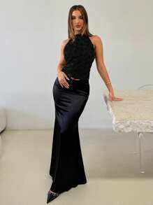 Aloruh Áo hai dây cổ yếm in họa tiết hoa hồng đen ôm vừa vặn cho nữ - màu đen - Xem 5