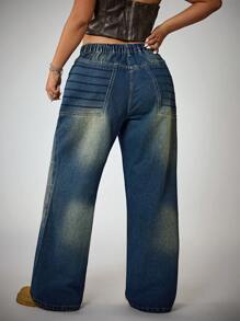 SHEIN ICON Quần jean ống đứng thêu rộng rãi, giặt thường ngày cỡ lớn phong cách cao bồi miền Tây mùa hè cho nữ - Rửa trung bình - Xem 2