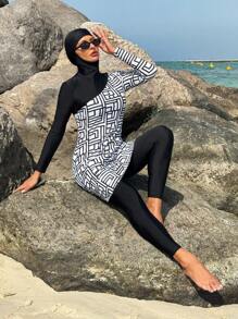 SHEIN Swim Mulvari 女士优雅黑色人字形保守布基尼度假装 - 黑與白 - 查看 3