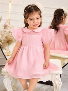 SHEIN 女婴甜美领口 A 字裙，飘逸袖子，优雅简约的设计 - 粉色 - 查看 7