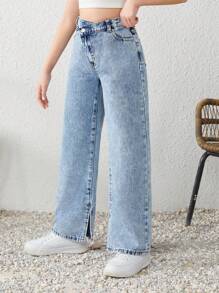 SHEIN بنطلون جينز واسع الساق مع خصر غير متماثل وهيم مشقوق من الحرير الطبيعي المغسول للفتيات المراهقات في موسم الربيع والصيف، ملابس صيفية للفتيات