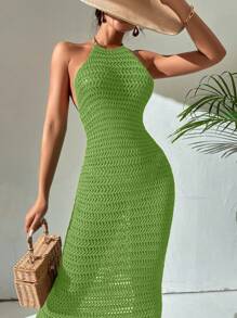 Breezaya Women's Backless Halter Neck Fitted Long Dress - Mint Green - View 4