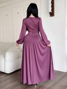 Modelyn Women's Elegant Solid Color Ruched Lantern Sleeve Purple Dress - Purple - View 6