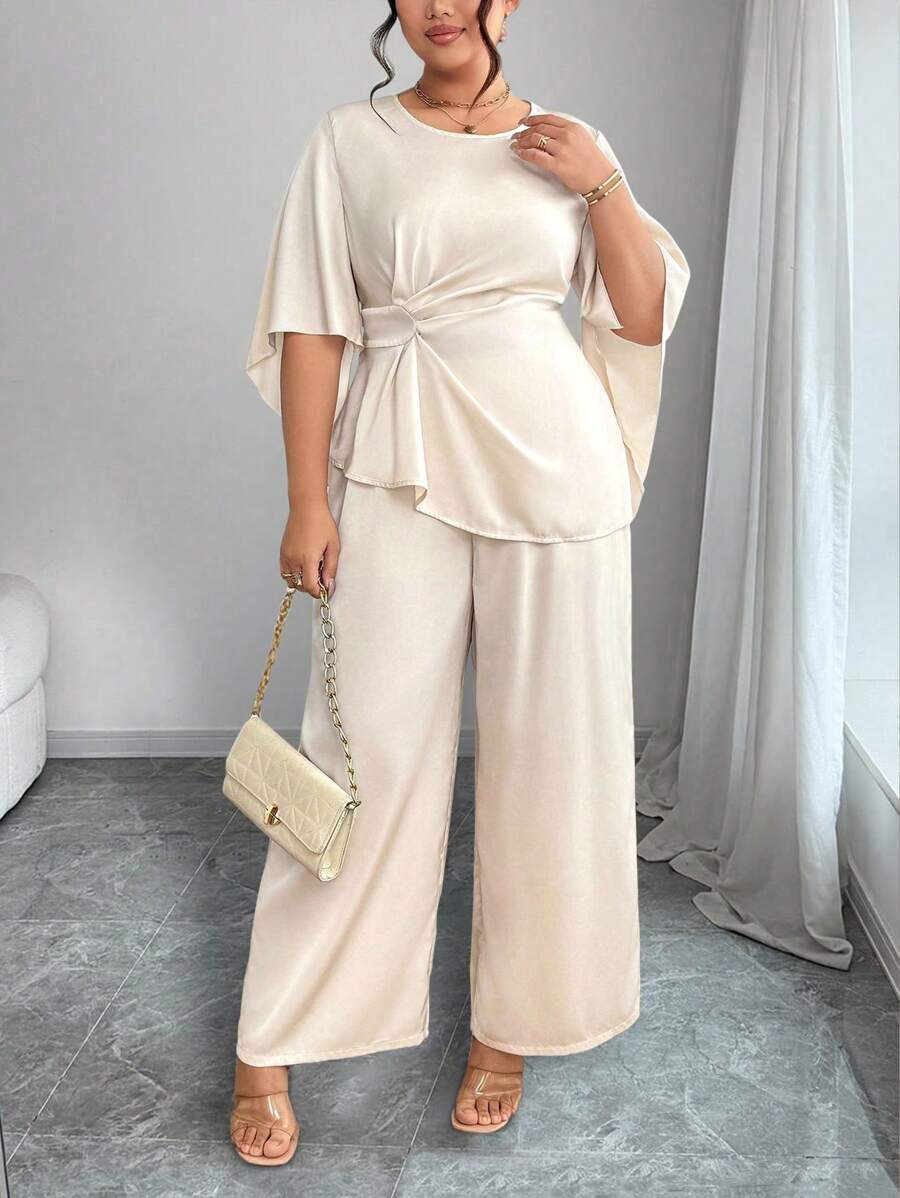 Elenzga Plus Size Elegant 2 Pieces Set: Pleated Flared Sleeve Top And Wide Leg Pants - Apricot - View 1