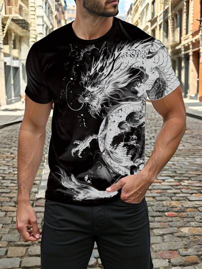 Manfinity Roughcore 时尚休闲中国水墨画龙元素印花男士修身短袖 T 恤，适合作为送给男朋友的礼物