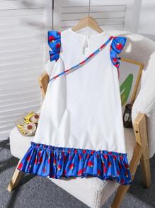 White Summer Fairy Family Matching Cute Pink Ombre Rose Print A-Line Patchwork Ruffle Hem Dress With Bag - Multicolor - View 2