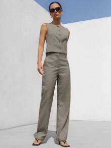 Aveloria Modichic 复古风格两件套：一件格子露肩背心和宽松阔腿裤，优雅的商务休闲装 - 卡其色 - 查看 4