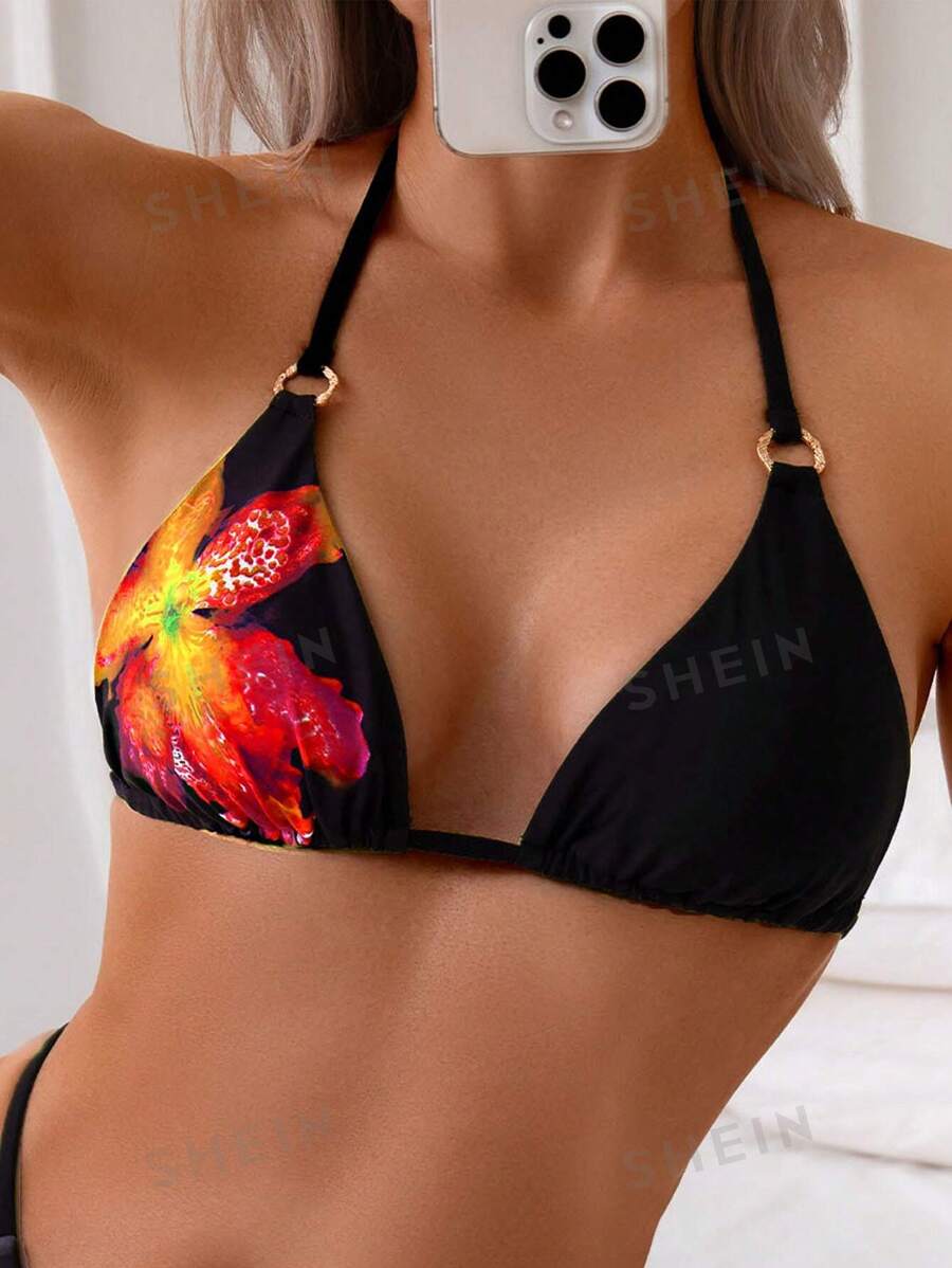 Swim Vcay Conjunto de bikini triangular con estampado de flores casual y sexy para mujer, con tirantes ajustables tipo espagueti y copas suaves sin aros