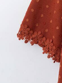 SHEIN LUNE Plus Size Women's V-Neck Textured Polka Dot Long Sleeve Ruffled Panel Casual Loose Fit Blouse, Suitable For Spring/Summer, Vacation And Daily Wear