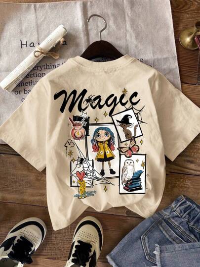SHEIN Leap Crew Camiseta de manga corta con cuello redondo y estampado gráfico minimalista de niña de dibujos animados, apropiada para primavera/verano, para preadolescentes