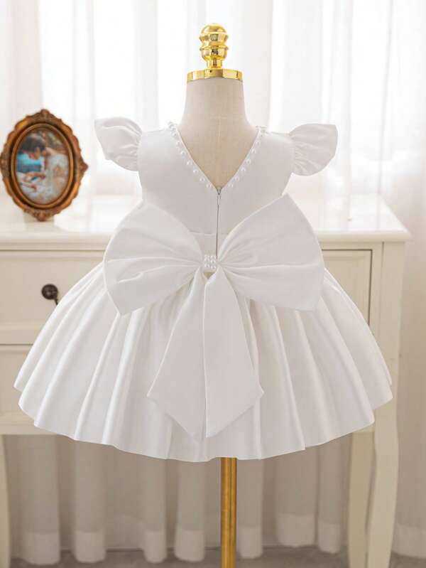 SHEIN Glamorique Kids Infant/Baby Girl Solid Color V-Neck Bowknot Decor Party Dress, All Seasons