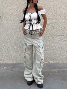 Y2K Ruched Colorblock Cute Casual Cropped Top With Square Neckline, Flattering For Teens/Women, Spring/Summer - Black and White - View 6