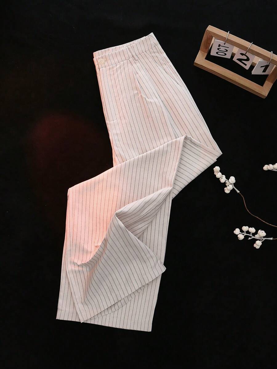 SHEIN Clasi 女士休闲条纹亚麻阔腿裤，春夏 - 杏色 - 查看 1