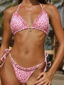 Swim Mod Conjunto de bikini de 2 piezas con estampado floral pequeño de estilo fresco y lindo para vacaciones de verano