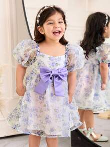 SHEIN Vestido elegante de media longitud para bebé niña con cuello cuadrado, mangas abultadas y decoración de lazo - Azul - Ver 4