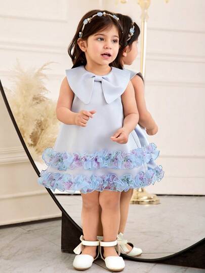 Baby Girl Elegant Minimalist Cute Bow Decor Ruffle Hem Patchwork Dress
