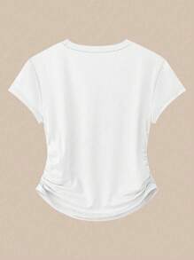 Flirla Plus-size effen ronde hals asymmetrisch geplooid T-shirt met korte mouwen en wijde broek (2-delige set), casual, veelzijdige en relaxte pasvorm voor dagelijks gebruik en feestdagen, lente/herfst