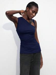 Maija Women's Black Slim Fit Snap-Strap Decor Urban Chic Versatile Top With Black Hollow-Out PU Leather Decor Sleeveless, Modern City Casual,Going Out Tops Women - Navy Blue - View 7