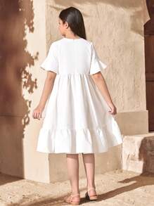 SHEIN Tween Girls Casual Vacation Embroidered Ruched Flared Sleeve A-Line Woven Solid Color Dress - White - View 2