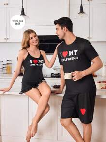 Snug Zone Cute Heart Print Contrast Color Couple Pajama Set For Men - Multicolor - View 7