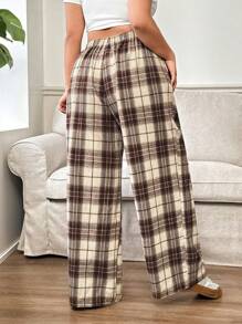 Solflare Plus Size Women's Plaid Pants,Black & White Plaid Elastic Waist Pockets Wide Leg Casual Loose Pants,Women Winter Clothes