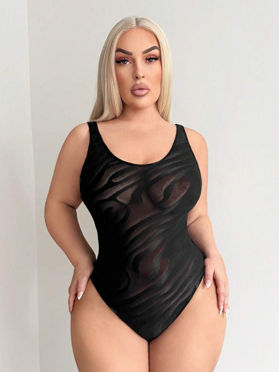 SHEIN SXY Plus Size Women Sexy Streetwear Gyanu Y2K Zebra Asymmetrical Mesh High-Slit Backless Deep U Bodysuit, Suitable For Everyday Wear, Date Night, Birthday, Bachelorette Party Outfit, Elegant, Casual, Shopping, Streetwear, Going Out, Easy To Match & Look Slim, Accentuate Your Body, Flatter The Figure - Black - View 1