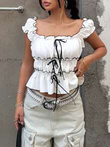 Y2K Ruched Colorblock Cute Casual Cropped Top With Square Neckline, Flattering For Teens/Women, Spring/Summer - Black and White - View 1