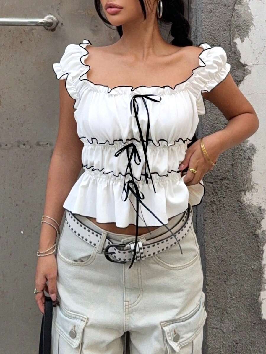 Y2K Ruched Colorblock Cute Casual Cropped Top With Square Neckline, Flattering For Teens/Women, Spring/Summer - Black and White - View 1