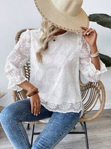SHEIN LUNE Women's Vacation Casual Solid Color Floral Embroidery Mesh Blouse - Apricot - View 3