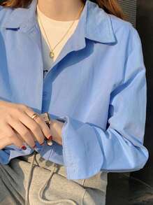 DAZY 女士纯蓝色休闲衬衫，商务休闲 - 藍色 - 查看 3