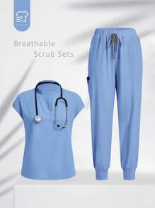 TaskEZ 2pcs Solid Color Bat Wing Slim Fit Top And Drawstring Pocket Hem Pants Nurse Scrub Uniform Set - Mint Blue - View 1
