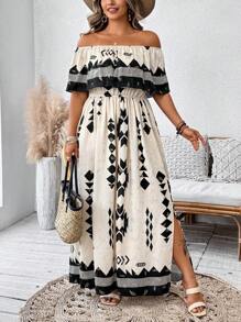 SHEIN Clasi Women Plus Size Off Shoulder Ruffle Waist Flare Hem Dress - Apricot - View 1