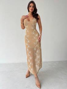 Firerie Vestido largo de verano/primavera, elegante, simple, delicado y romántico, con estampado floral, tejido a ganchillo, corte evasé y escote en V para mujer - Caqui - Ver 4