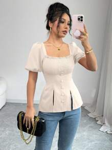 Elenzga 优雅女士泡泡袖衬衫、休闲度假装 - 杏色 - 查看 3