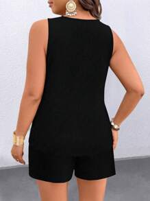 EMERY ROSE Plus Size 2pcs Set Solid Color Camisole Top & Shorts, Simple Fashion Casual Everyday Wear - Black - View 2